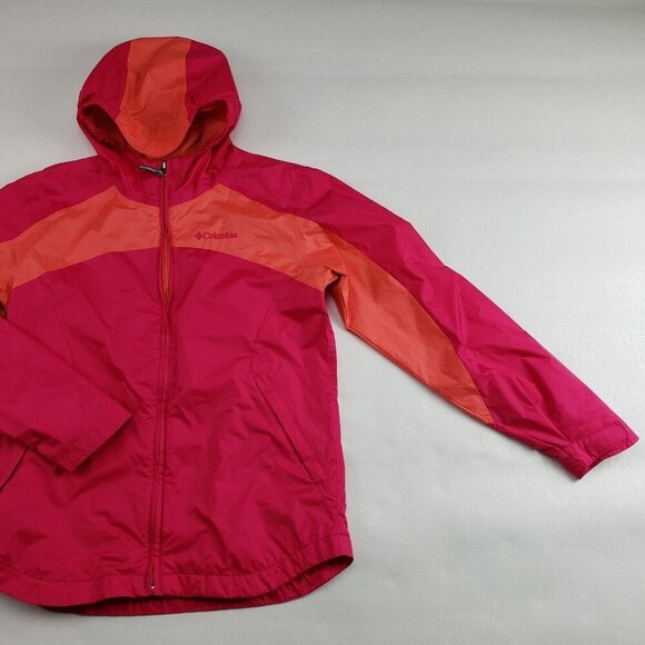 Columbia Hooded Rain Jacket Girls Large 14/16 Pink Full Zip Lined Nylon Coat - Picture 2 of 12